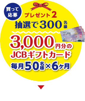 プレゼント2：買って応募／抽選で300名様　3,000円分のJCBギフトカード　毎月50名様×6ヶ月